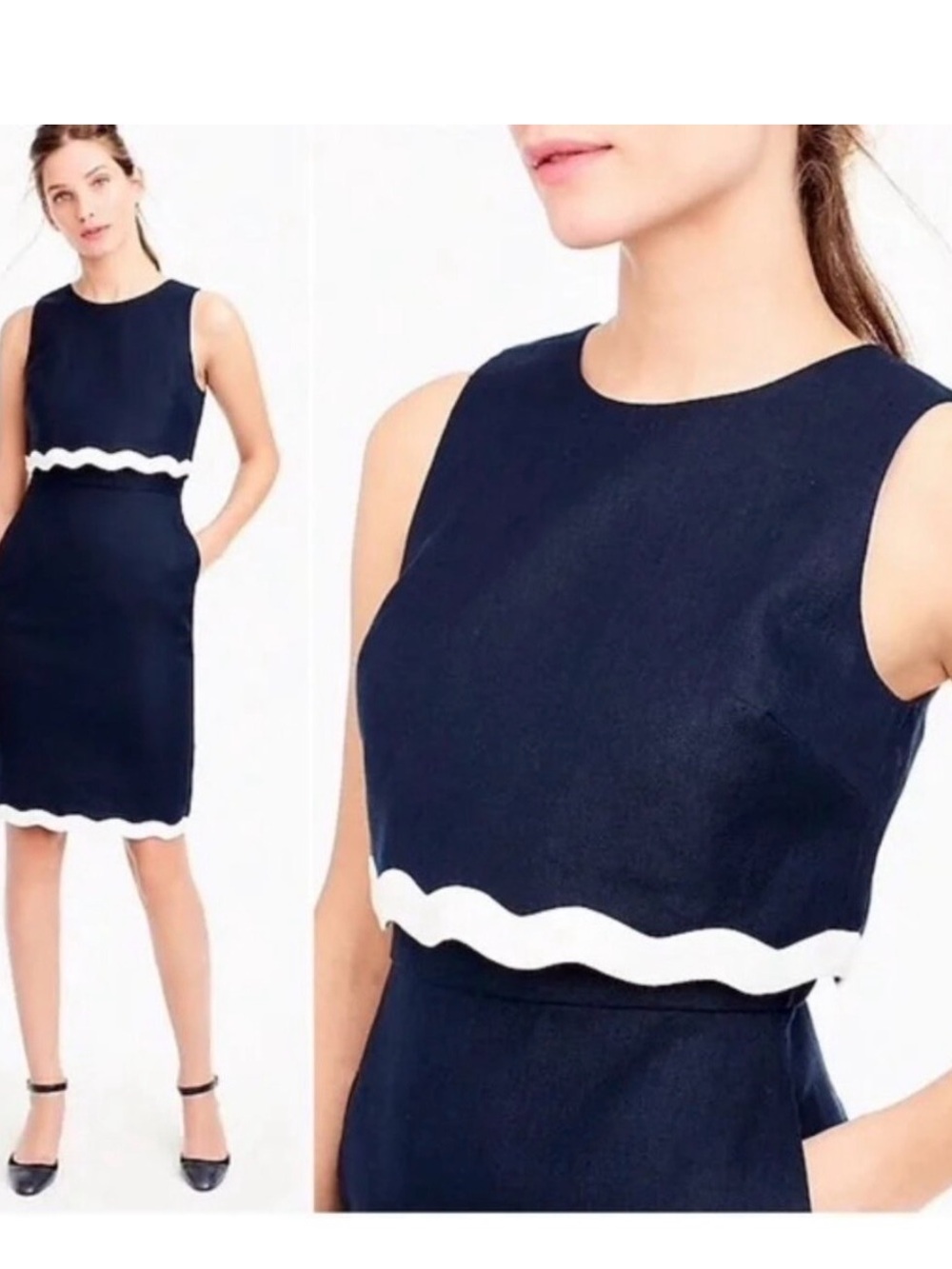 J. Crew Navy Midi Dress with White Ric Rac Waist